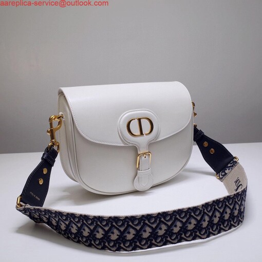 Replica Dior M9320 Large Bobby Bag white Box Calfskin with Blue Oblique Strap