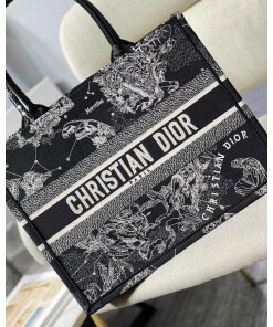 Replica Dior M1296 Medium Book Tote Black Toile de Jouy Zodiac latte embroidery