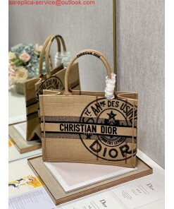 Replica Dior M1296 Medium Book Tote Beige jute fabric with Union motif embroidery 2