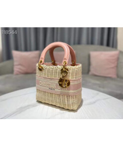 Replica Dior M0565 Medium Lady Dior Bag Natural Wicker Pink