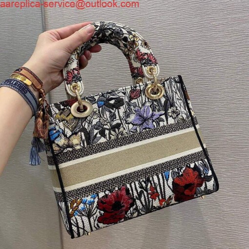 Replica Dior M0565 Medium Lady D-lite Embroidery Bag Black red 5