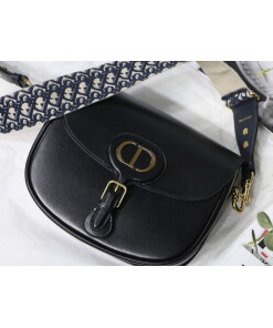 Replica Dior M9320 Large Dior Bobby Bag Black Calfskin With Blue Oblique Embroidered Strap