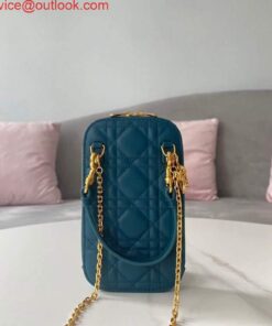 Replica Dior S0872 Lady Dior Phone Holder Cannage Lambskin Blue 2