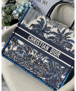 Replica Dior Book Tote M1286 Blue Dior Palms Embroidery