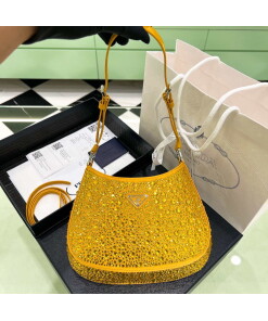 Replica Prada 1BC169 Prada Cleo satin bag with appliqués Gold Yellow