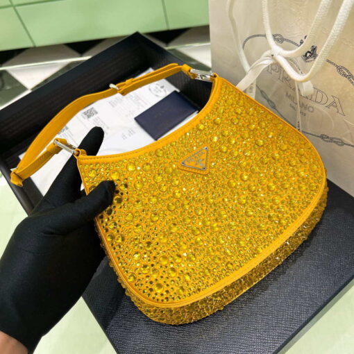 Replica Prada 1BC169 Prada Cleo satin bag with appliqués Gold Yellow 2