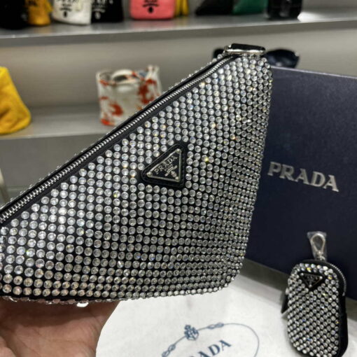 Replica Prada 1NE190 Crystal-studded satin pouch Black 4