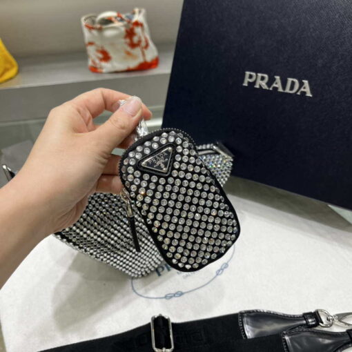 Replica Prada 1NE190 Crystal-studded satin pouch Black 5