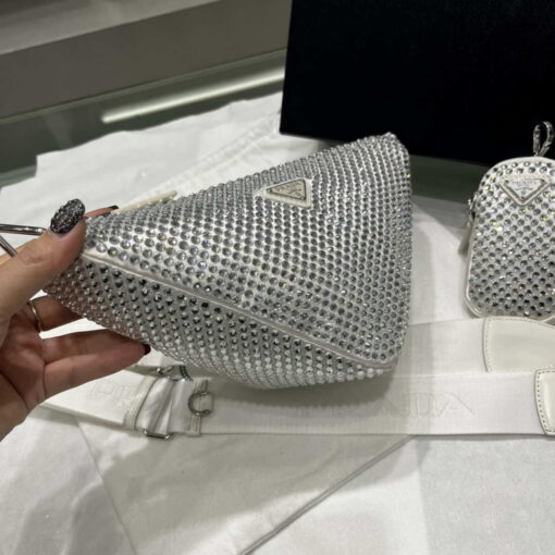 Replica Prada 1NE190 Crystal-studded satin pouch White 2