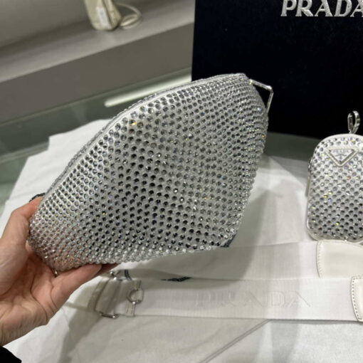 Replica Prada 1NE190 Crystal-studded satin pouch White 3