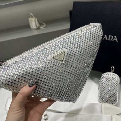 Replica Prada 1NE190 Crystal-studded satin pouch White 4