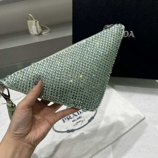 Replica Prada 1NE039 Crystal-studded satin pouch Green 5