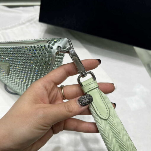 Replica Prada 1NE039 Crystal-studded satin pouch Green 6