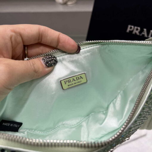 Replica Prada 1NE039 Crystal-studded satin pouch Green 8