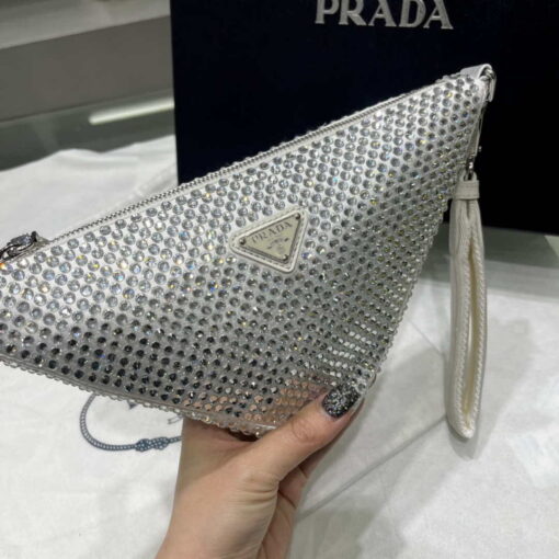 Replica Prada 1NE039 Crystal-studded satin pouch White 3