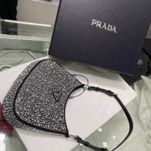 Replica Prada 1BC169 Prada Cleo satin bag with appliqués Black 7