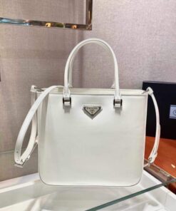 Replica Prada 1BA330 Brushed Leather Tote Bag White