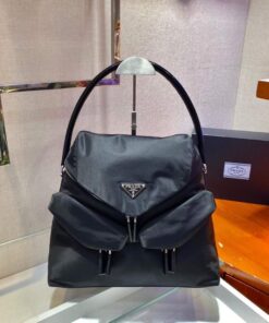 Replica Prada Signaux Nylon and Leather Hobo Bag 1BC160 Black