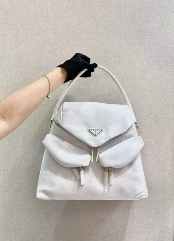 Replica Prada Signaux Nylon and Leather Hobo Bag 1BC160 White 8