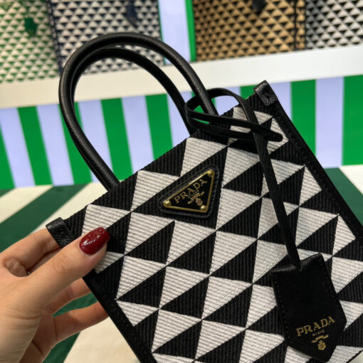 Replica Prada 1BA355 Symbole Jacquard Fabric Micro Bag Black White 5