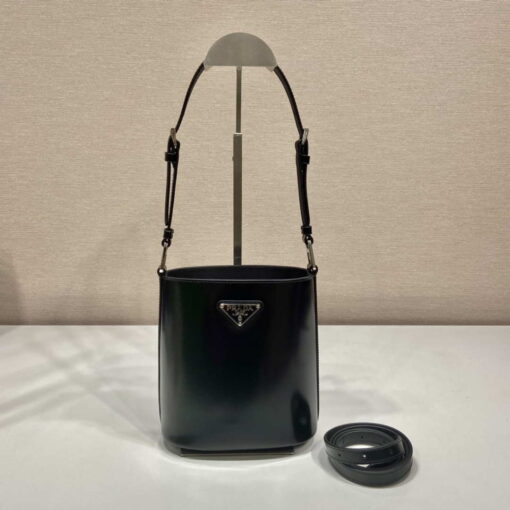 Replica Prada Mini brushed-leather bucket bag 1BE059 Black