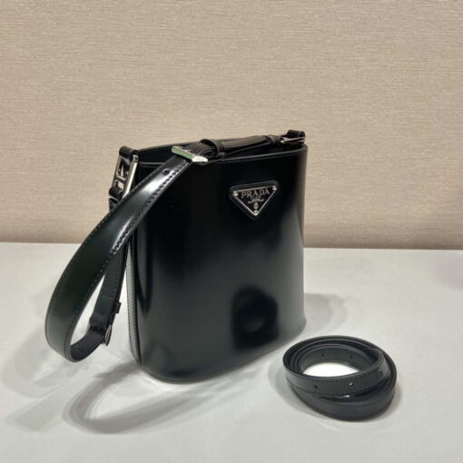 Replica Prada Mini brushed-leather bucket bag 1BE059 Black 2