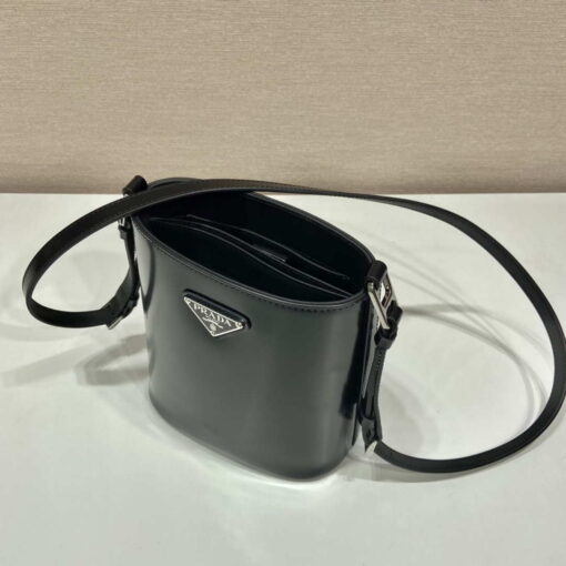 Replica Prada Mini brushed-leather bucket bag 1BE059 Black 3