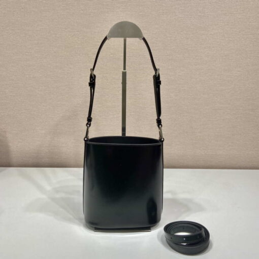 Replica Prada Mini brushed-leather bucket bag 1BE059 Black 4