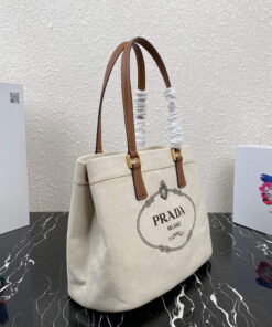 Replica Prada 1BG356 Small linen blend and leather tote Beige