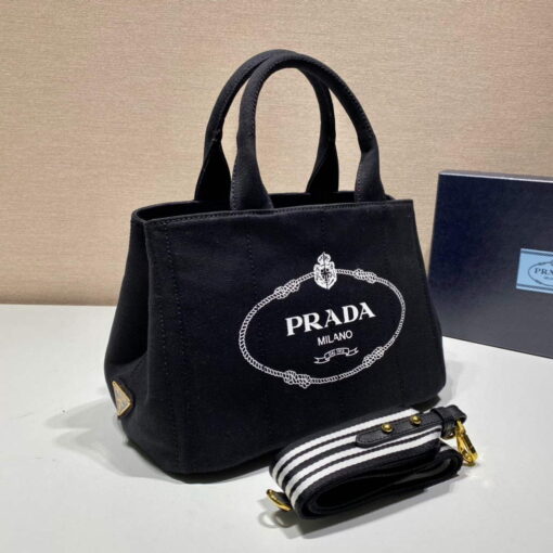 Replica Prada 1BG439 Denim Tote bag Black and white 2