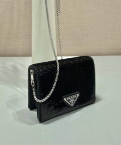 Replica Prada Cardholder with shoulder strap and sequins 1MR024 Black