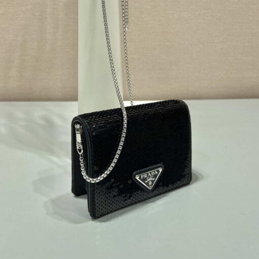 Replica Prada Cardholder with shoulder strap and sequins 1MR024 Black