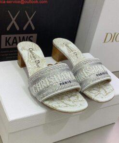 Replica Dior Women’s Shoes Dway Heeled Slide Metallic Thread Strass KCQ244CHS Gray