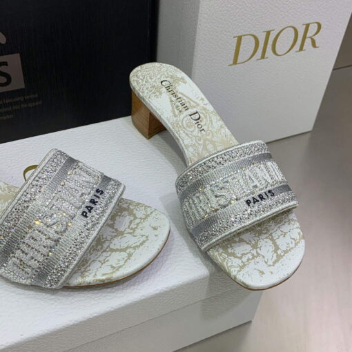 Replica Dior Women’s Shoes Dway Heeled Slide Metallic Thread Strass KCQ244CHS Gray 3