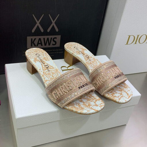 Replica Dior Women’s Shoes Dway Heeled Slide Metallic Thread Strass KCQ244CHS naked powder 2