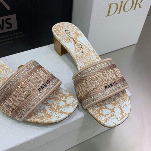 Replica Dior Women’s Shoes Dway Heeled Slide Metallic Thread Strass KCQ244CHS naked powder 3