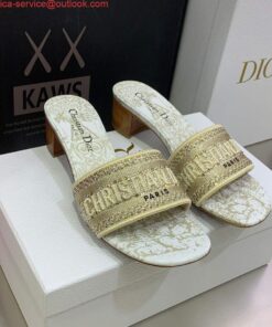 Replica Dior Women’s Shoes Dway Heeled Slide Metallic Thread Strass KCQ244CHS Gold