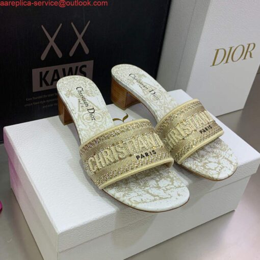 Replica Dior Women’s Shoes Dway Heeled Slide Metallic Thread Strass KCQ244CHS Gold