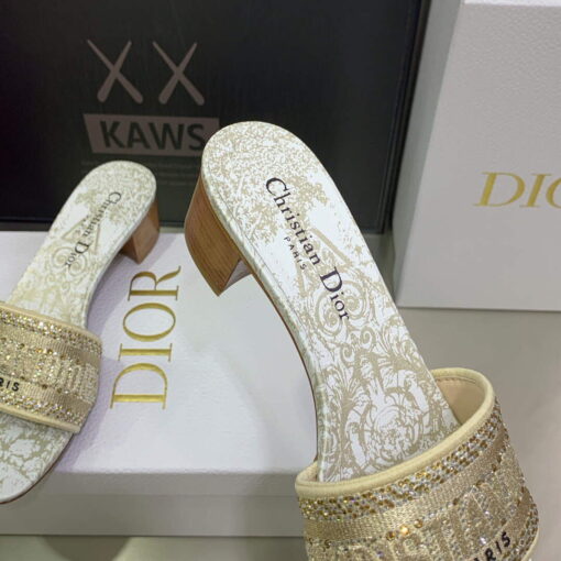 Replica Dior Women’s Shoes Dway Heeled Slide Metallic Thread Strass KCQ244CHS Gold 6