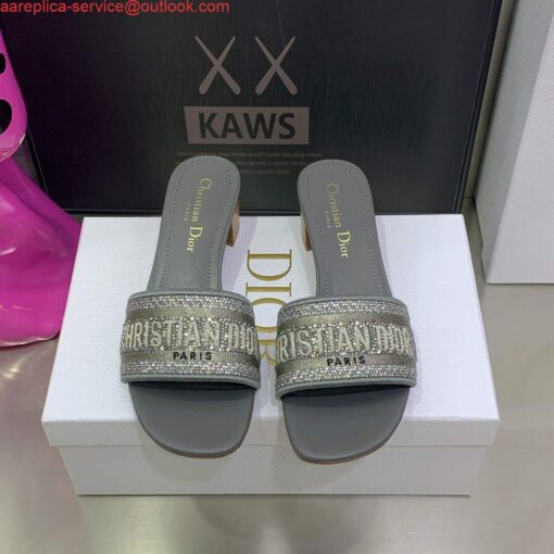 Replica Dior Women’s Shoes Dway Heeled Slide Metallic Thread Strass KCQ244LCS Gray