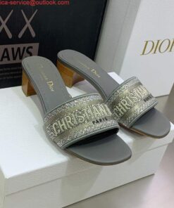 Replica Dior Women’s Shoes Dway Heeled Slide Metallic Thread Strass KCQ244LCS Gray 2