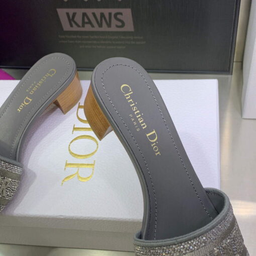 Replica Dior Women’s Shoes Dway Heeled Slide Metallic Thread Strass KCQ244LCS Gray 7