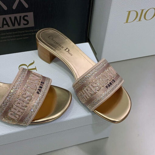 Replica Dior Women’s Shoes Dway Heeled Slide Metallic Thread Strass KCQ244LCS naked powder 3