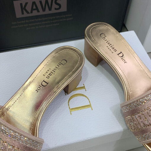 Replica Dior Women’s Shoes Dway Heeled Slide Metallic Thread Strass KCQ244LCS naked powder 8