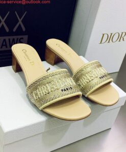 Replica Dior Women’s Shoes Dway Heeled Slide Metallic Thread Strass KCQ244LCS Yellow