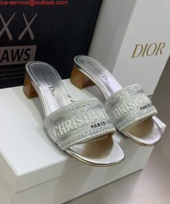 Replica Dior Women’s Shoes Dway Heeled Slide Metallic Thread Strass KCQ244LCS Silver