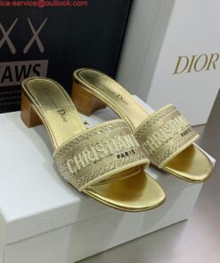 Replica Dior Women’s Shoes Dway Heeled Slide Metallic Thread Strass KCQ244LCS Gold 2