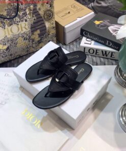 Replica Dior KCQ386 Diro 30 Montaigne Flat Thong Sandals Calfskin Black Hardware Logo 2