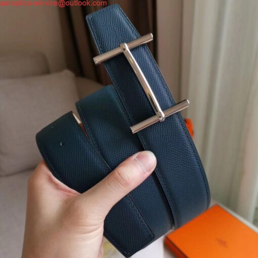 Replica Hermes H d'Ancre Reversible Belt In Blue/White Epsom Leather