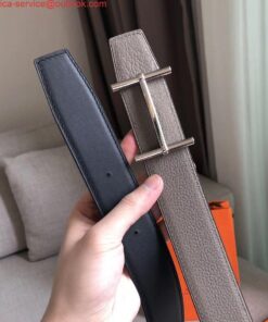 Replica Hermes H d'Ancre Reversible Belt In Grey/Noir Leather 2